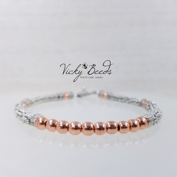 Rose Gold & Silver Beaded Gemstone Bracelet - Picture 1 of 9